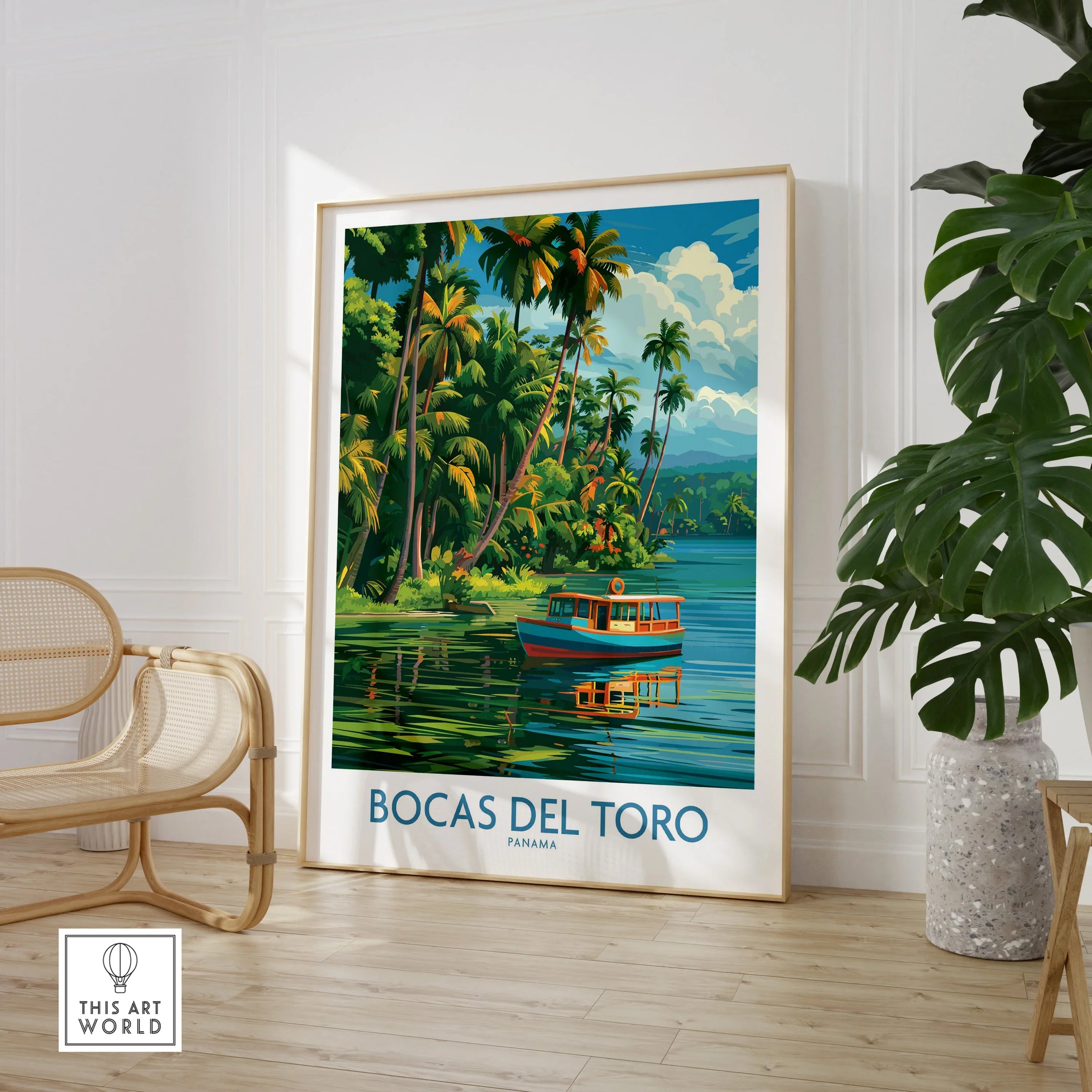 Bocas del Toro Panama travel poster with tropical palm trees and a boat on calm waters, perfect for wall art.