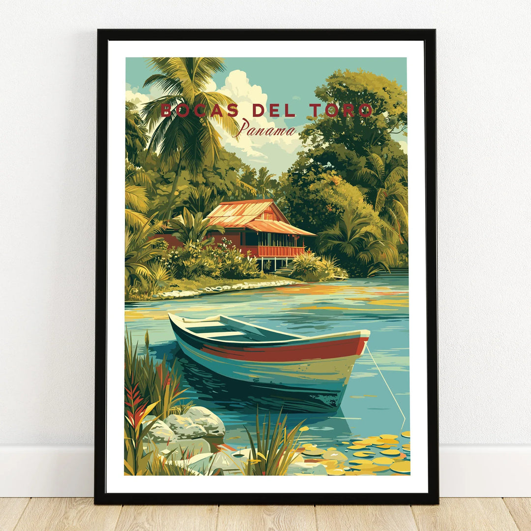 Bocas del Toro Panama travel poster with tropical hut, palm trees, and boat on serene water