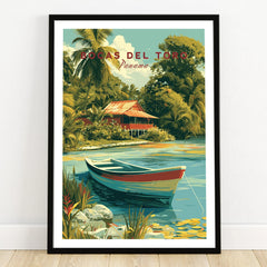 Bocas del Toro Panama travel poster with tropical hut, palm trees, and boat on serene water