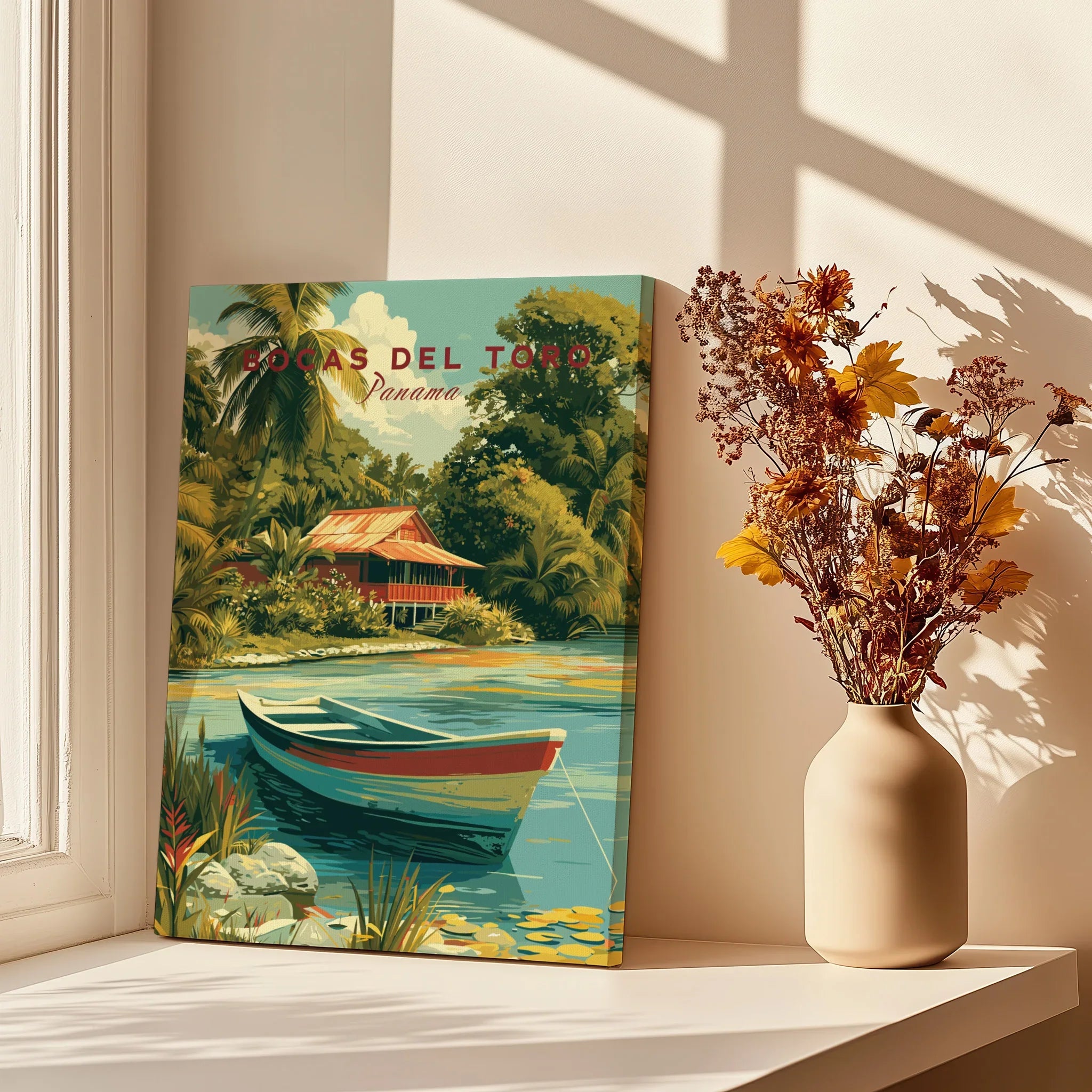 Bocas del Toro Panama travel poster with tropical hut, boat, and palm trees, perfect for home wall art decor
