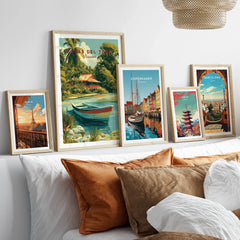 Travel posters of Paris, Bocas del Toro, Copenhagen, Tokyo, and Barcelona for home decor