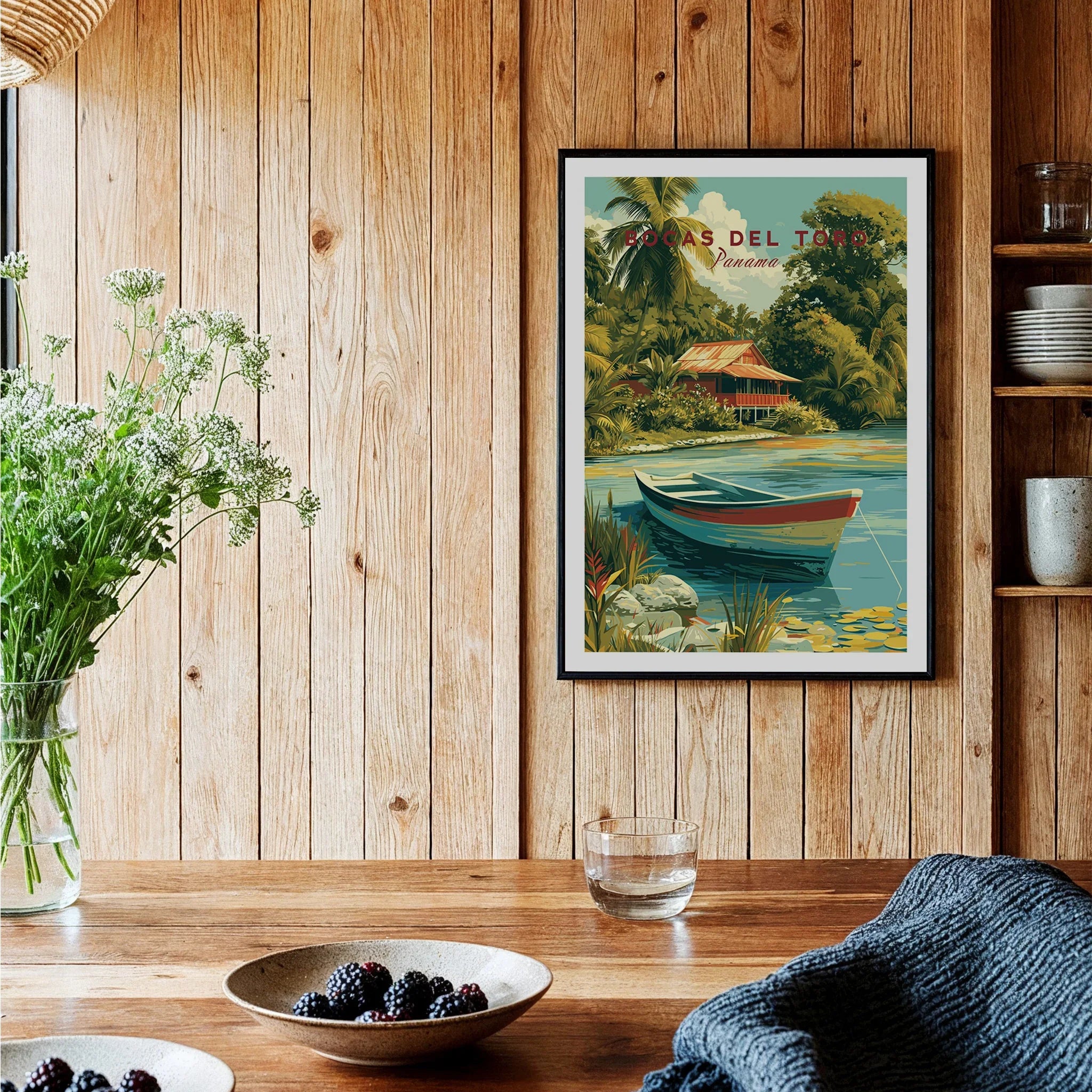 Bocas del Toro Panama travel poster with tropical boat scene, perfect for wall art decor