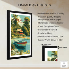 Bocas del Toro Panama travel poster with tropical hut, palm trees, and boat, framed wall art