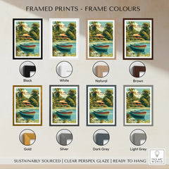 Tropical travel poster with boat and hut, available in multiple frame colors for home decor
