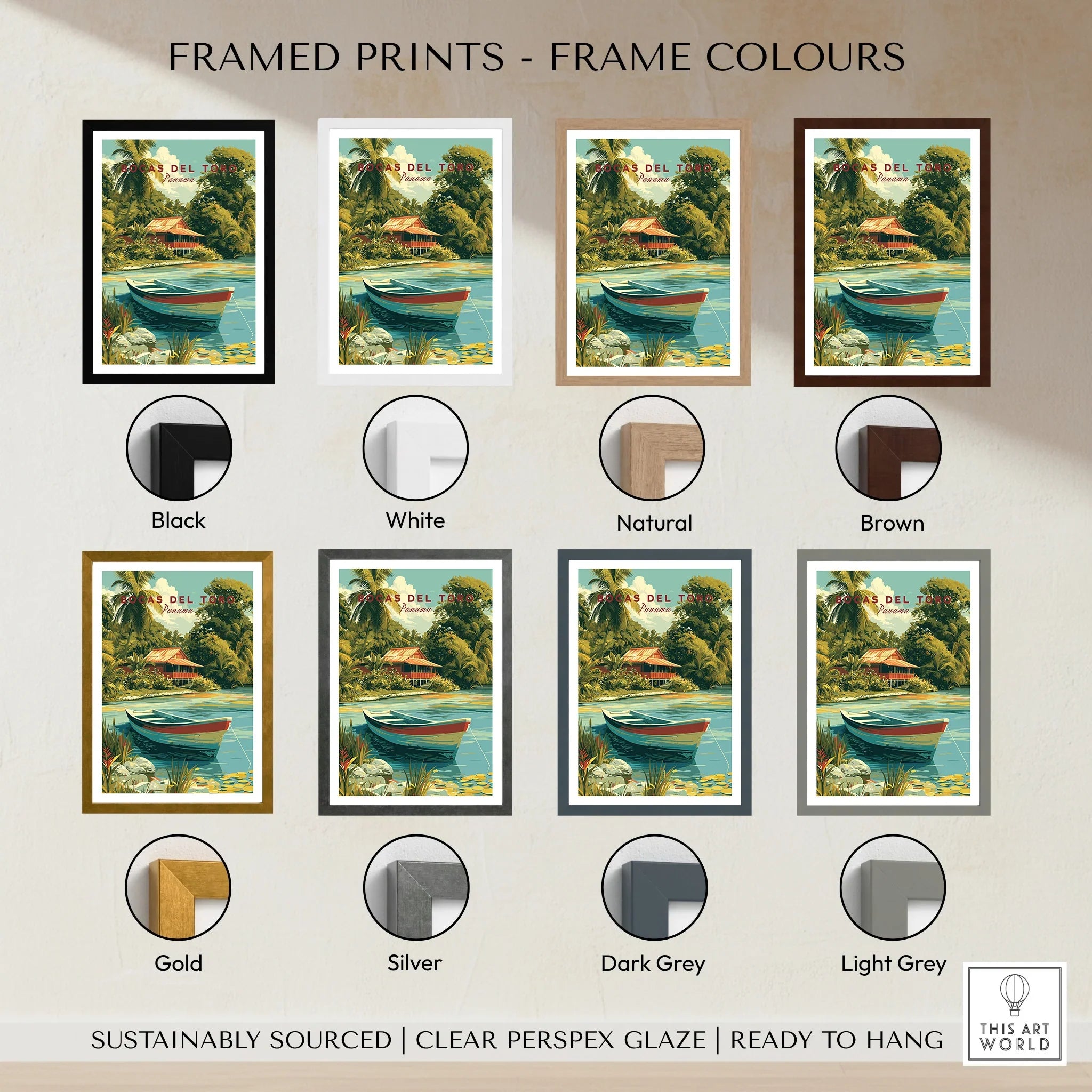 Tropical travel poster with boat and hut, available in multiple frame colors for home decor