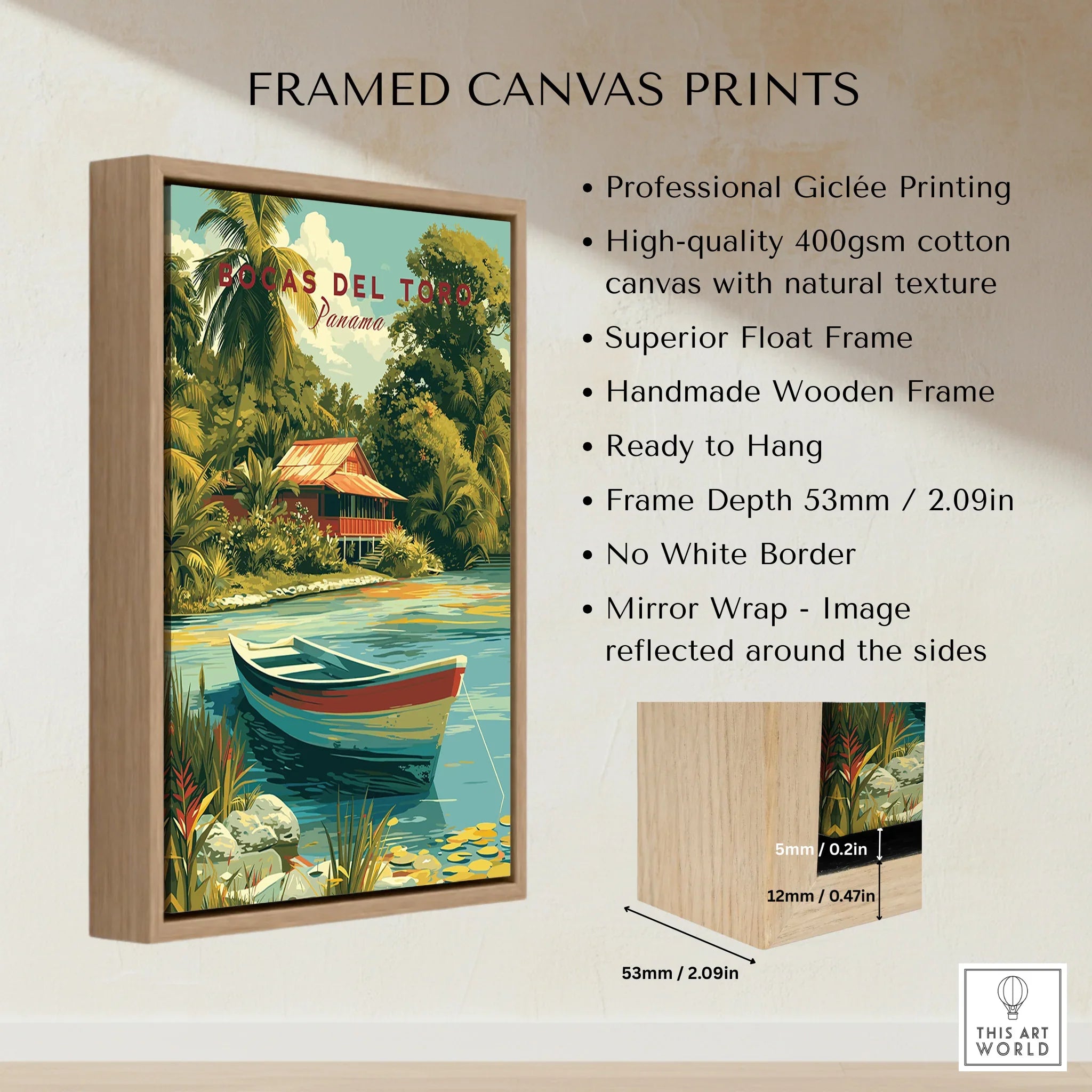 Bocas del Toro Panama travel poster print in wooden frame, tropical river scene with boat and hut