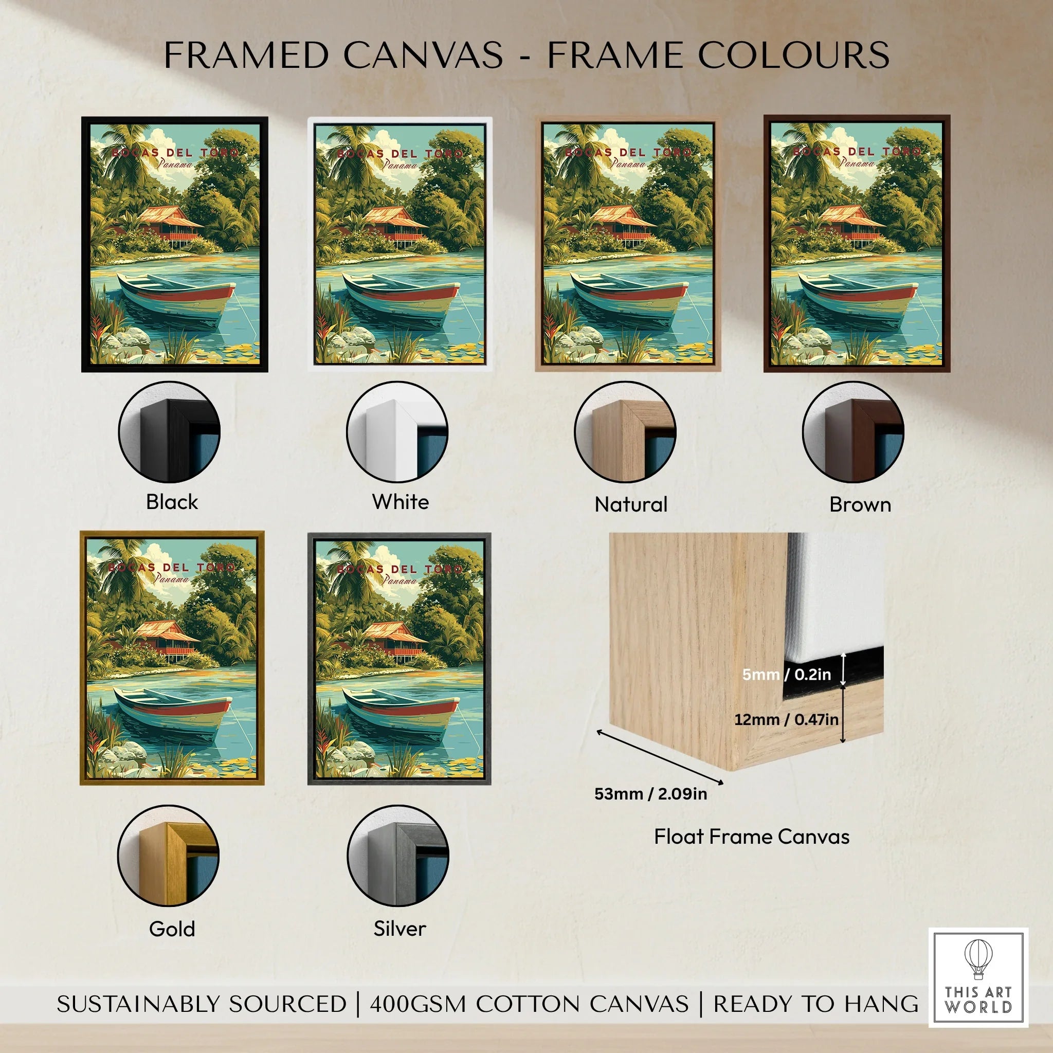 Bocas del Toro Panama travel poster in black, white, natural, brown, gold, and silver float frames