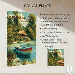 Bocas del Toro Panama travel poster canvas print with tropical hut, boat, and palm trees