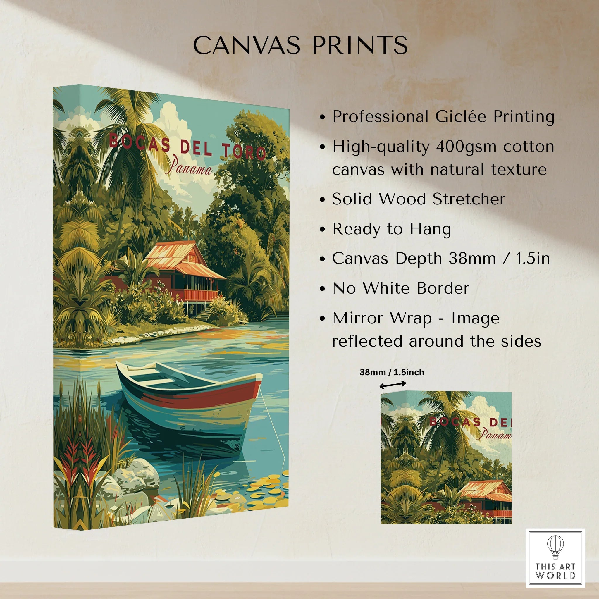 Bocas del Toro Panama travel poster canvas print with tropical hut, boat, and palm trees