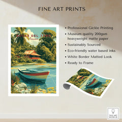 Bocas del Toro Panama travel poster with tropical hut, boat, and lush greenery for wall art decor