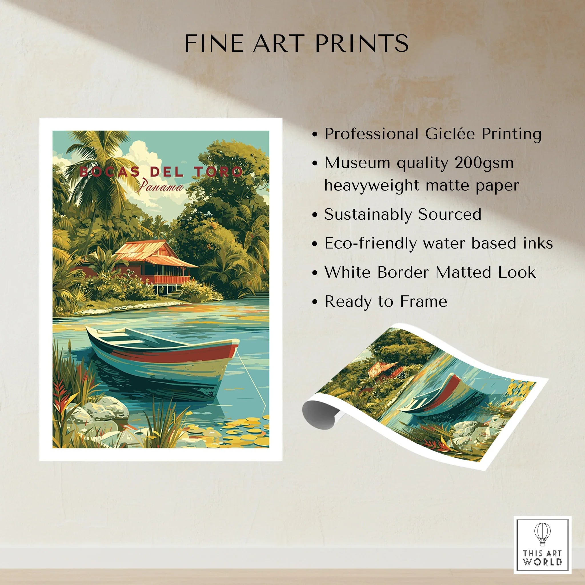 Bocas del Toro Panama travel poster with tropical hut, boat, and lush greenery for wall art decor