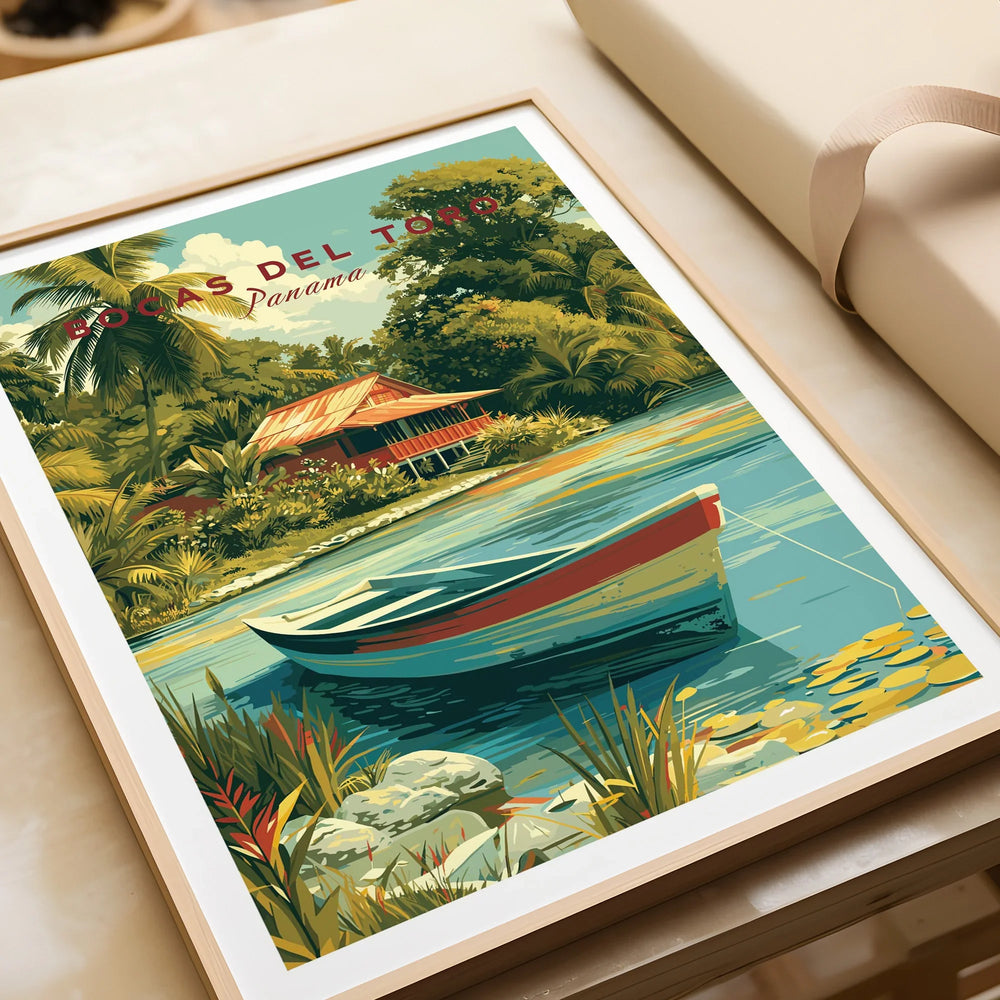 Bocas del Toro Panama travel poster with tropical hut, boat, and jungle, ideal wall art for home decor