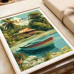 Bocas del Toro Panama travel poster with tropical hut, boat, and jungle, ideal wall art for home decor