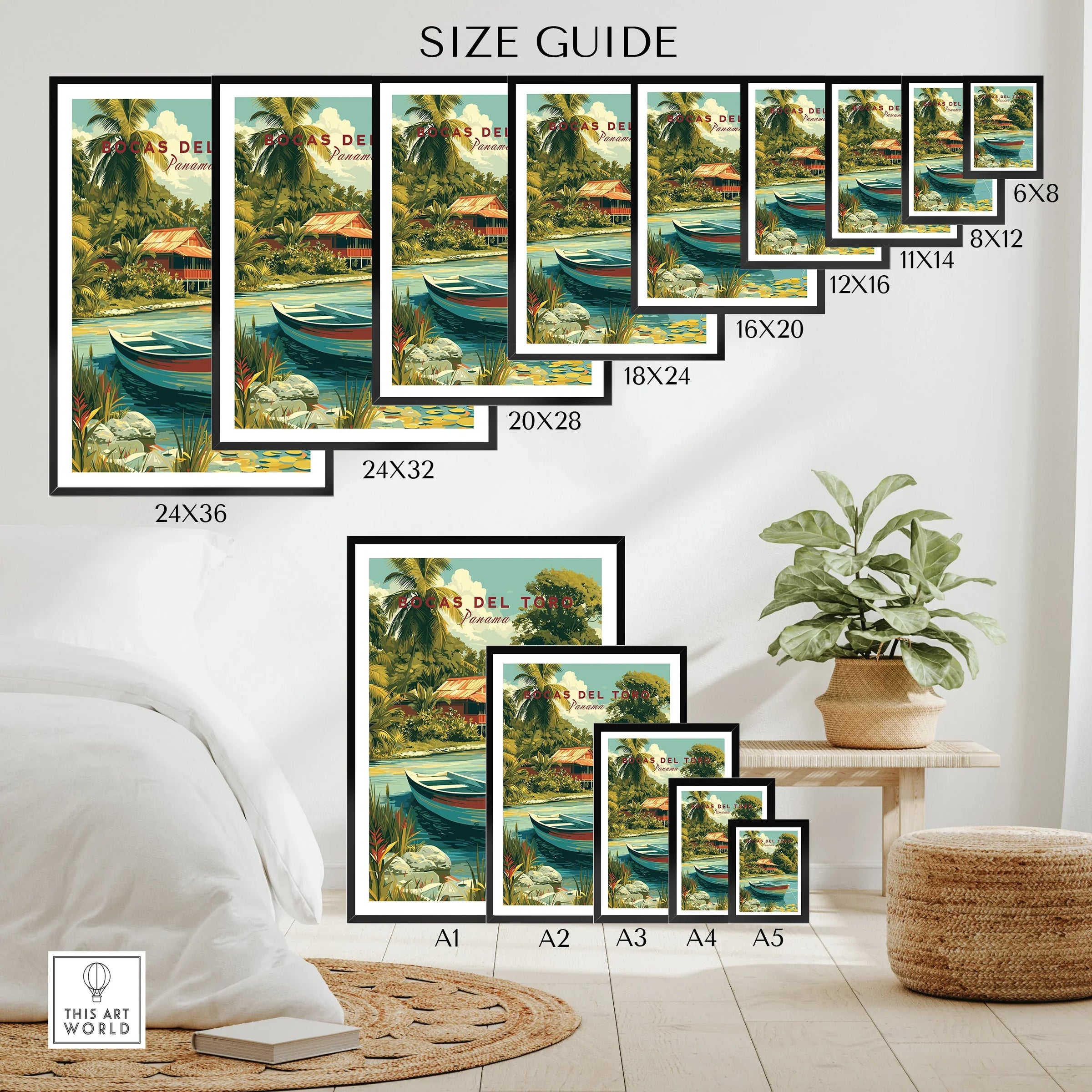 Bocas del Toro Panama travel poster in various sizes for home decor with tropical scenery and boats