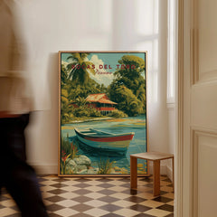 Bocas del Toro Panama travel poster with tropical hut, palm trees, and boat on water