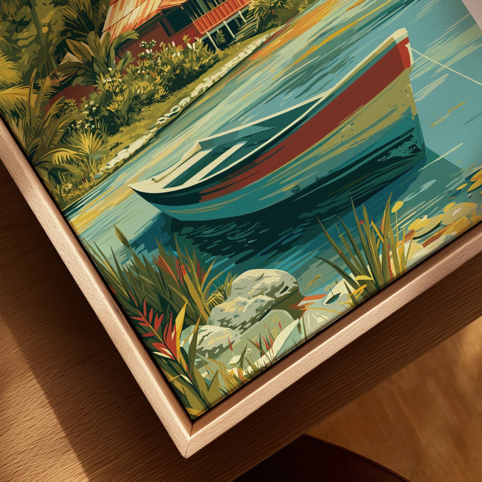 Tropical boat art print with vibrant water scene, lush greenery, and wooden frame for home decor wall art