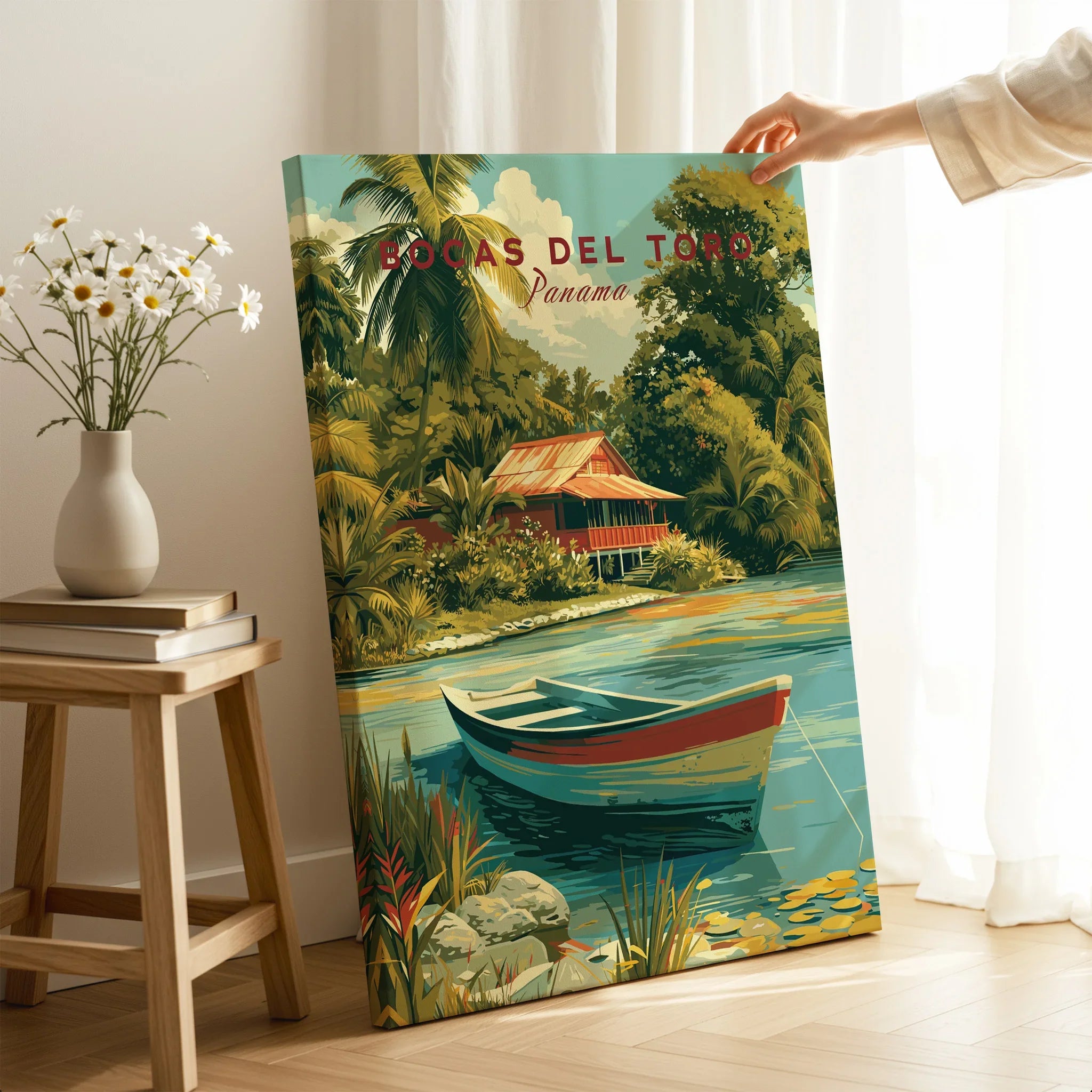 Bocas del Toro Panama travel poster with tropical hut, palm trees, and boat, ideal wall art for home decor