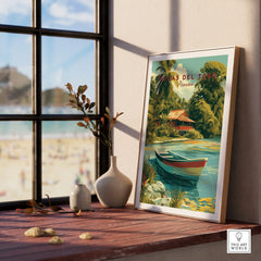 Bocas del Toro Panama travel poster with tropical hut, boat, and palm trees for home decor