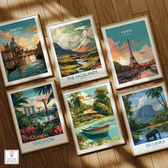 Framed travel posters of Venice, Paris, Singapore, Sri Lanka, Bocas del Toro & The Highlands for wall art decor