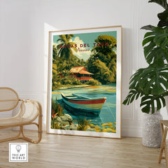 Bocas del Toro Panama travel poster with tropical hut, boat, and lush greenery for wall art decor