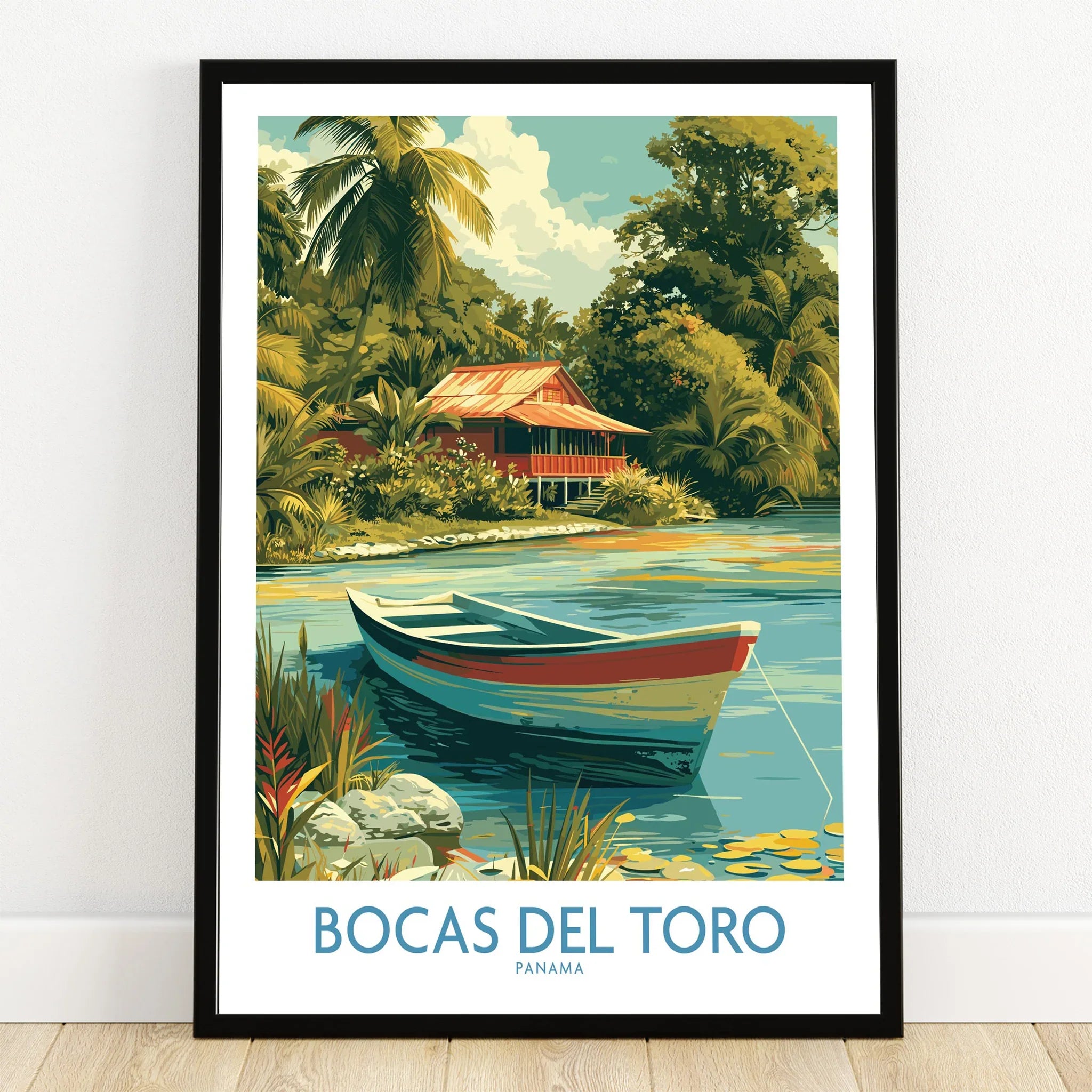 Bocas del Toro Panama travel poster with tropical hut, boat, and lush greenery for wall art decor
