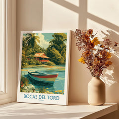 Bocas del Toro Panama travel poster with tropical hut, boat, and palm trees for home decor