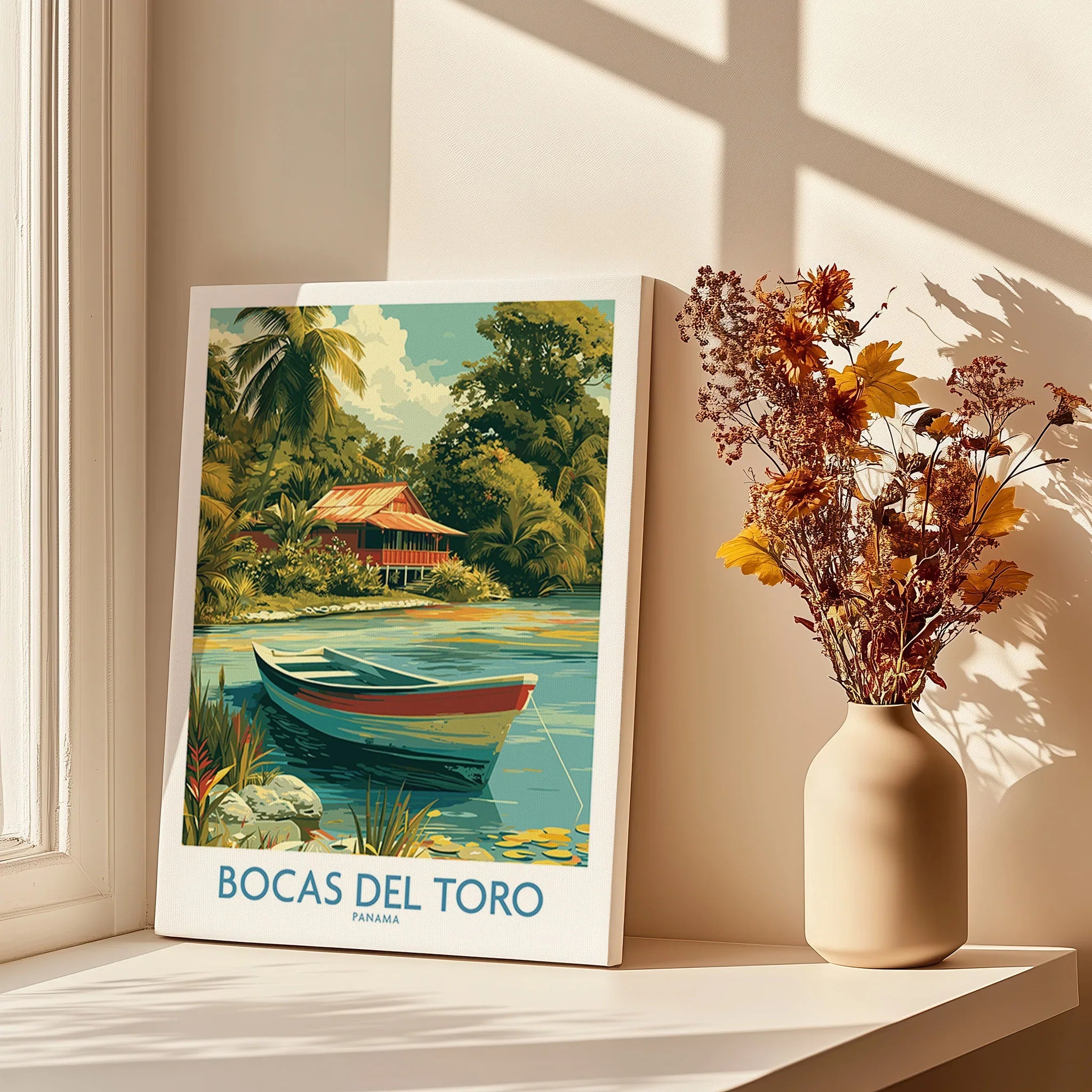Bocas del Toro Panama travel poster with tropical hut, boat, and palm trees for home decor