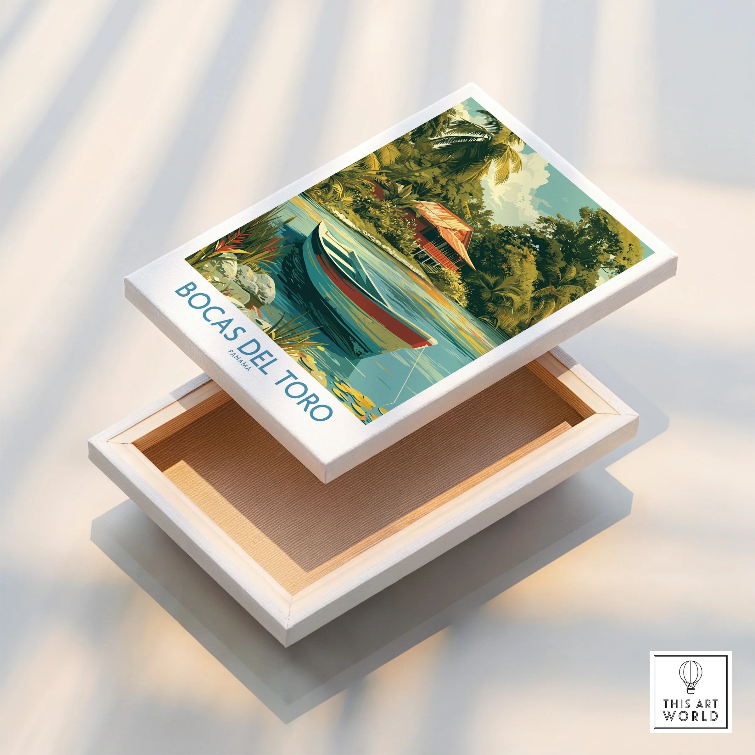 Bocas del Toro Panama travel poster with tropical boat scene, perfect for wall art decor