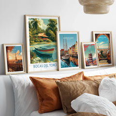 Travel posters featuring Paris, Bocas del Toro, Copenhagen, Tokyo, and Barcelona for home decor