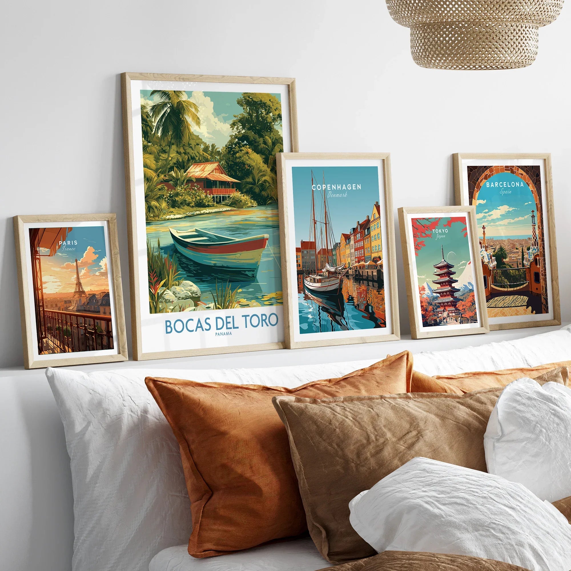 Travel posters featuring Paris, Bocas del Toro, Copenhagen, Tokyo, and Barcelona for home decor