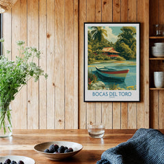 Bocas del Toro Panama travel poster with tropical hut, boat, and lush greenery for wall art decor