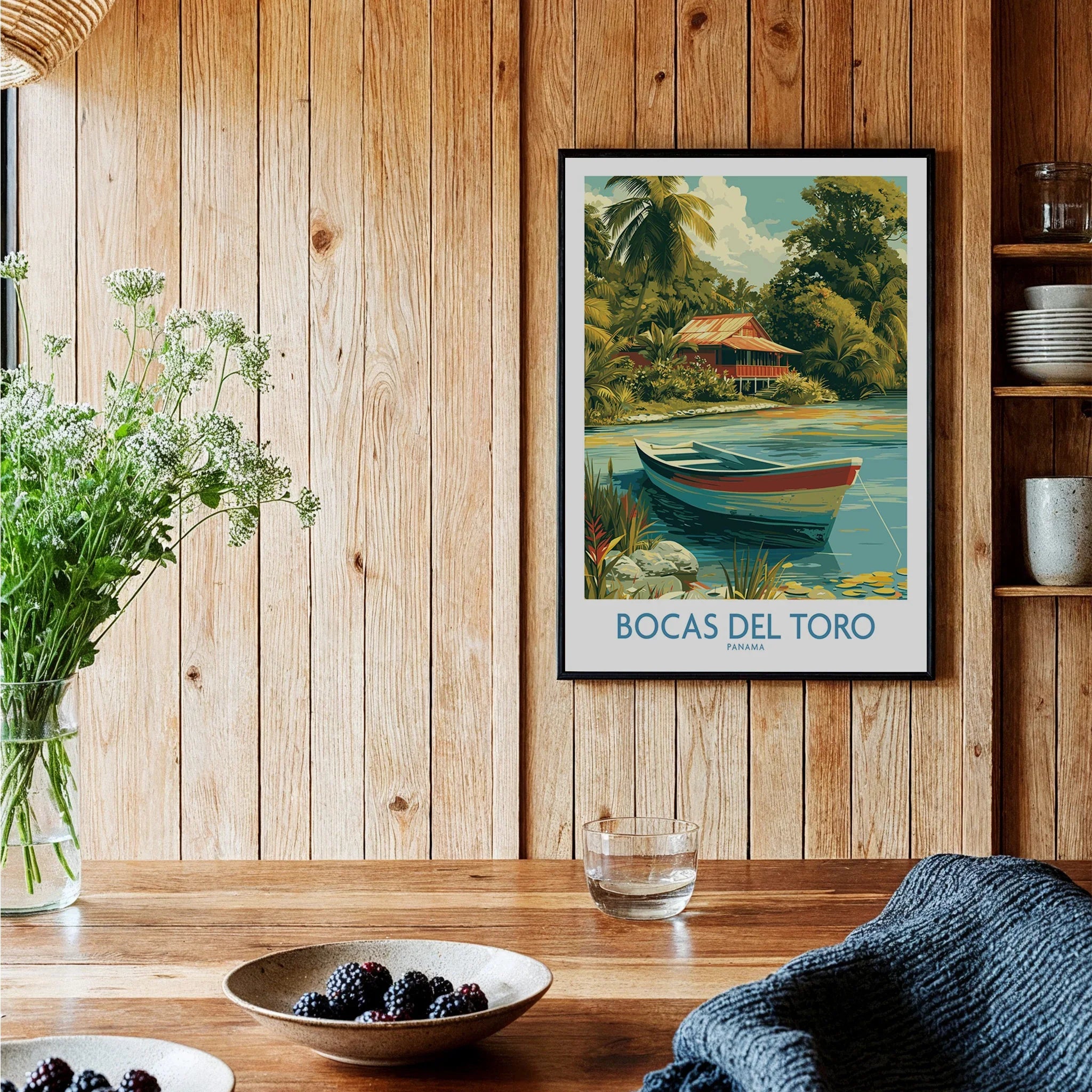 Bocas del Toro Panama travel poster with tropical hut, boat, and lush greenery for wall art decor