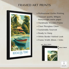 Bocas del Toro Panama travel poster with tropical hut, boat, and palm trees in framed art print