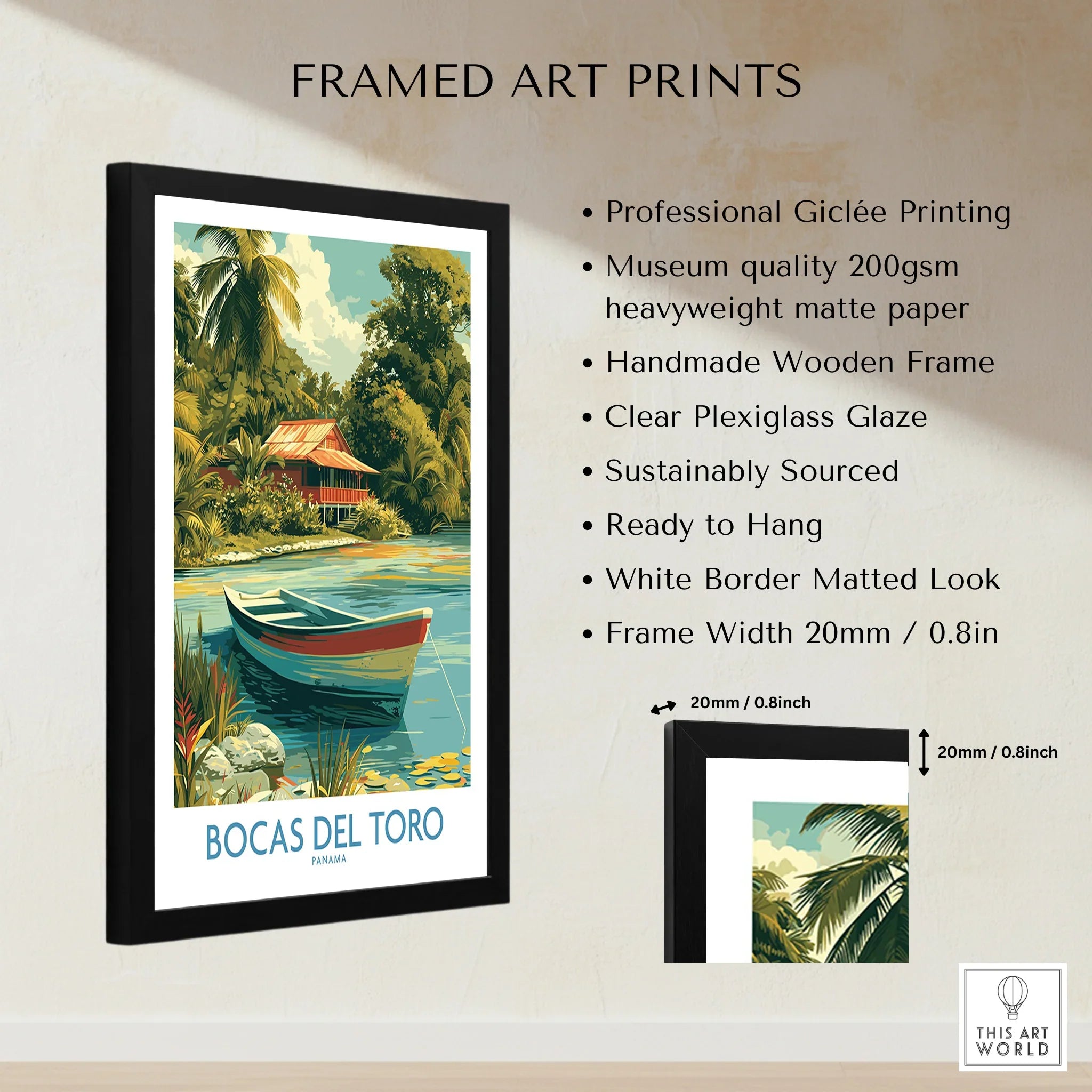 Bocas del Toro Panama travel poster with tropical hut, boat, and palm trees in framed art print