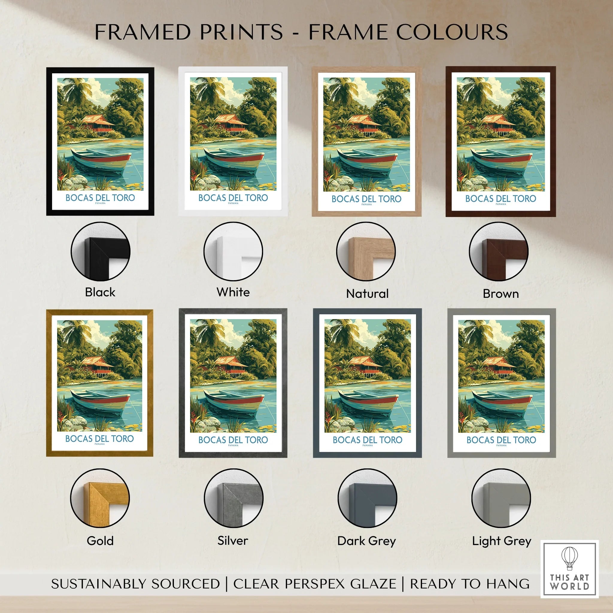 Bocas del Toro travel poster in various frame colors for home decor