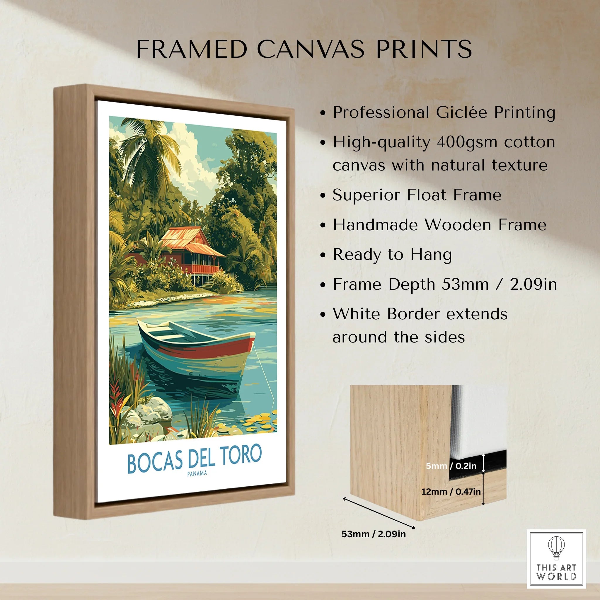 Bocas del Toro Panama travel poster with tropical hut, boat, and palm trees in wooden frame