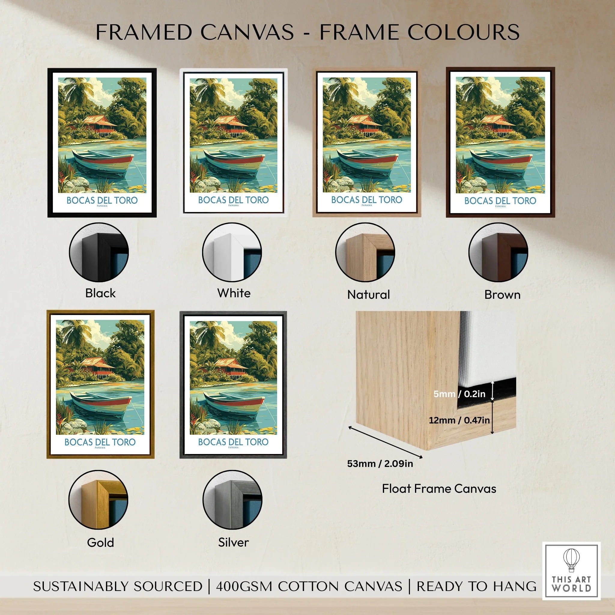 Bocas del Toro travel poster in various frame colors, featuring tropical scenery and boats
