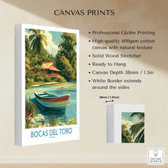 Bocas del Toro Panama travel poster canvas print with tropical hut, boat, and palm trees