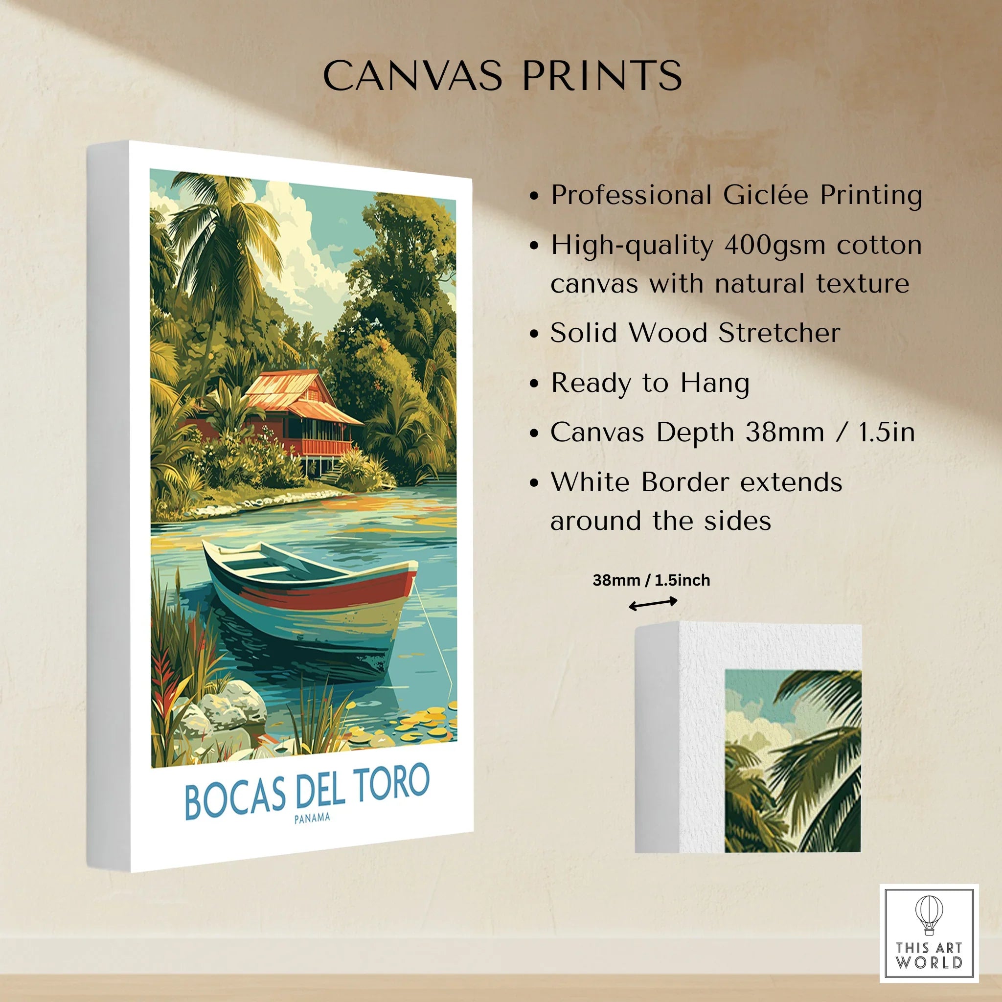 Bocas del Toro Panama travel poster canvas print with tropical hut, boat, and palm trees