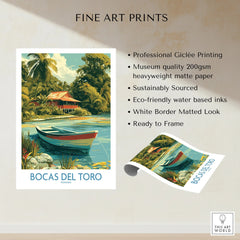 Bocas del Toro Panama travel poster with tropical scenery, boat, and eco-friendly fine art print details