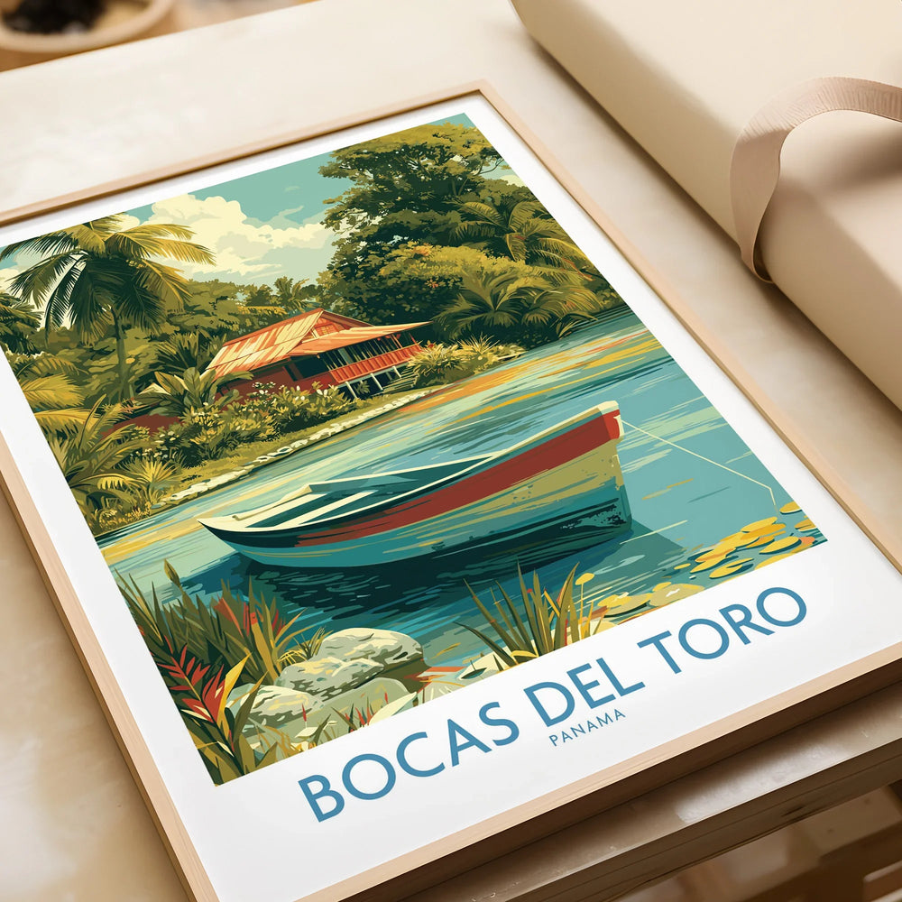 Bocas del Toro Panama travel poster with tropical hut, boat, and lush greenery for wall art decor
