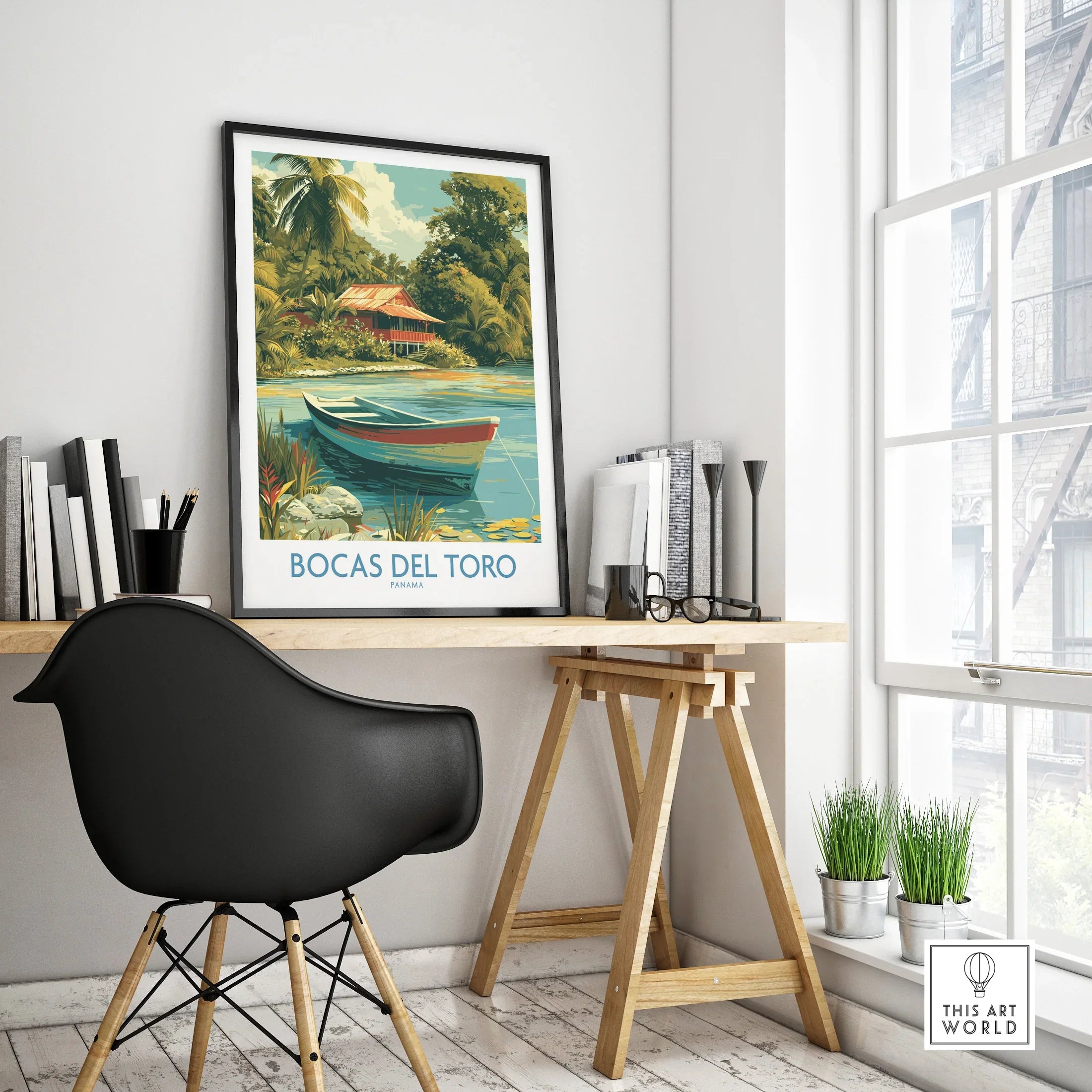 Bocas del Toro Panama travel poster with tropical hut, boat, and palm trees for home decor