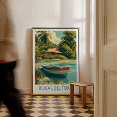 Bocas del Toro Panama travel poster with tropical hut, boat, and palm trees for wall art decor