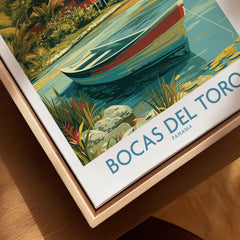 Bocas del Toro Panama travel poster with colorful boat and tropical scenery