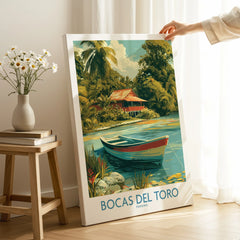 Bocas del Toro Panama travel poster with tropical hut, boat, and palm trees for home decor