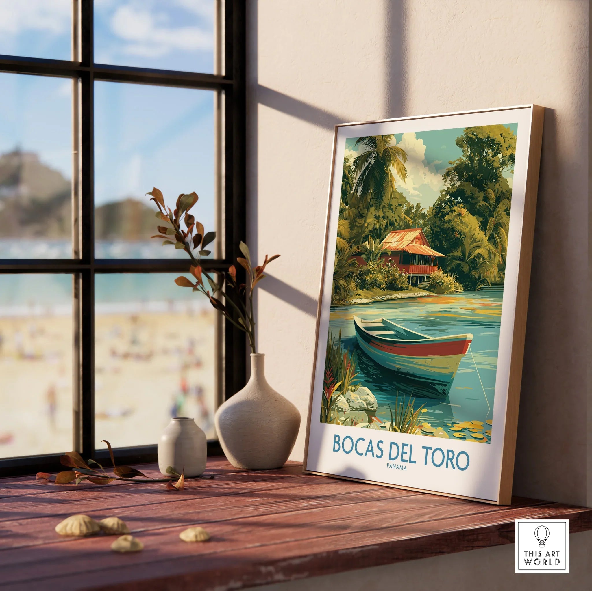 Bocas del Toro Panama travel poster with tropical hut, boat, and palm trees for home decor