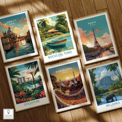 Travel posters featuring Venice, Paris, Singapore, Barcelona, Bocas del Toro, and Sri Lanka wall art