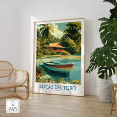 Bocas del Toro Panama travel poster with tropical hut, boat, and lush greenery for wall art decor