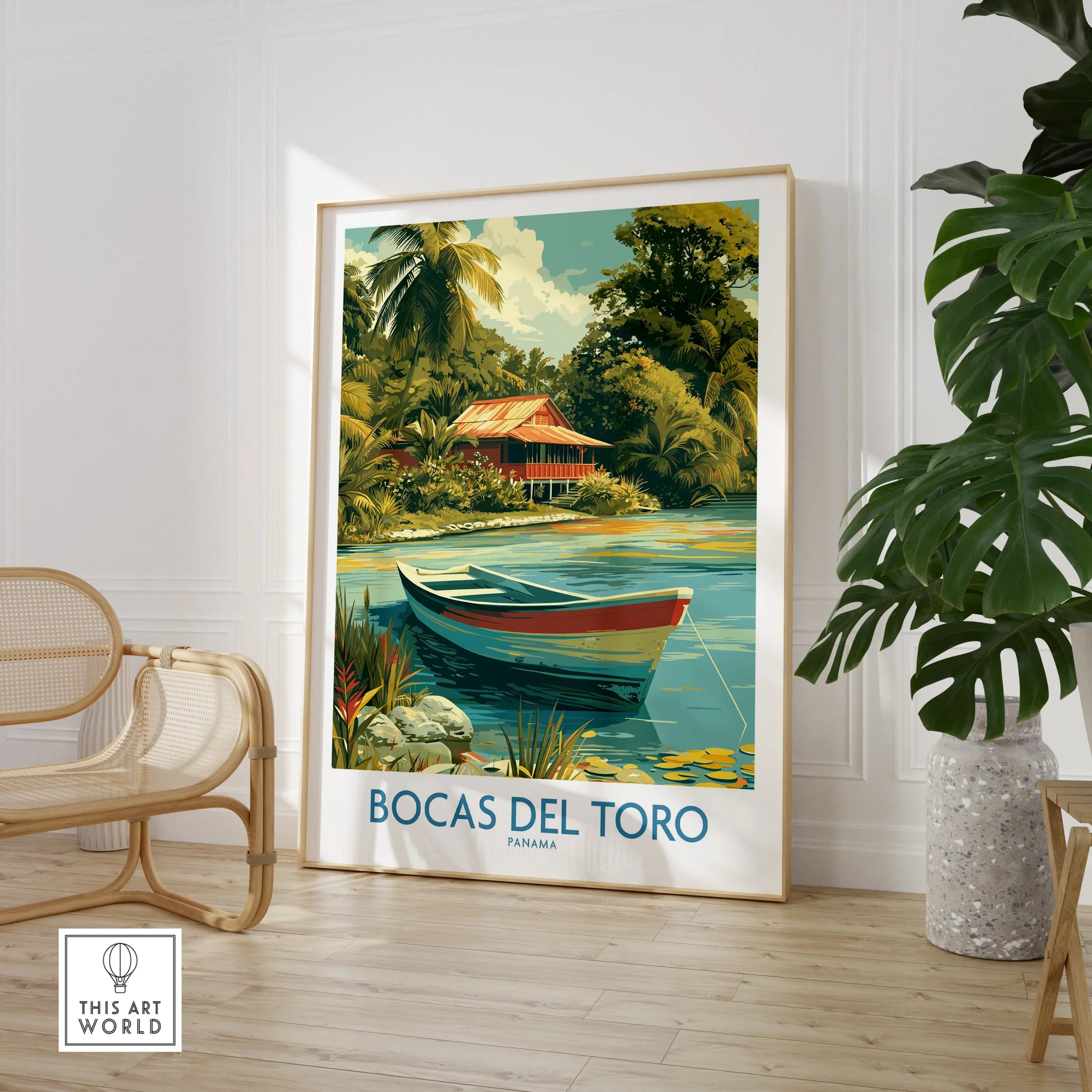 Bocas del Toro Panama travel poster with tropical hut, boat, and lush greenery for wall art decor