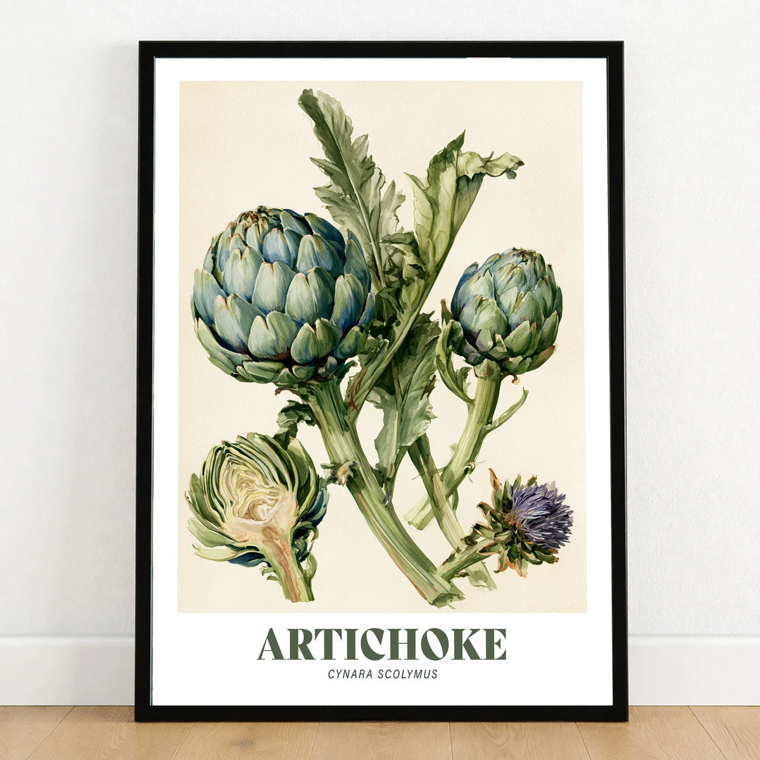 Artichoke Botanical Kitchen Wall Art - art print in black frame on wooden floor